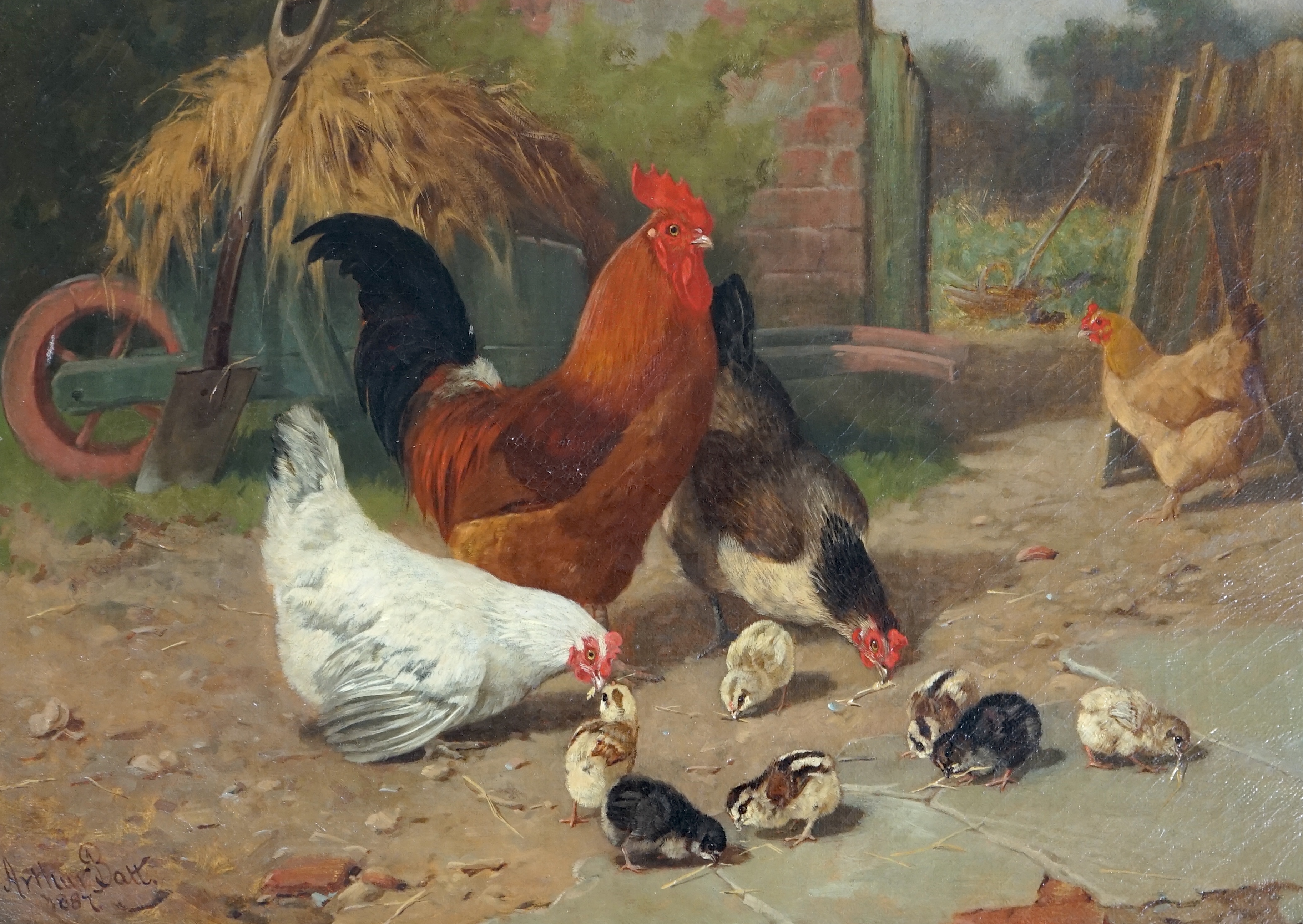 Arthur Batt (English, 1846-1911), Chickens in a farmyard, oil on canvas, 25 x 35cm